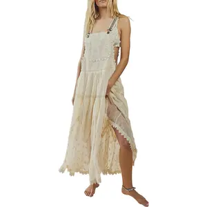 Women's Laced Embroidered Tulle Bib Dress Casual Loose Adjustable Straps Maxi Dress