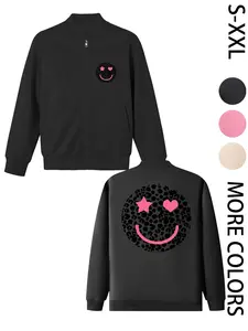 Women's Casual Lightweight Bomber Jacket with Black Polka-Dot Smile Print (with Pink Hearts), Fashionable and Comfortable Design, Suitable for Daily Wear and Outdoor Activities