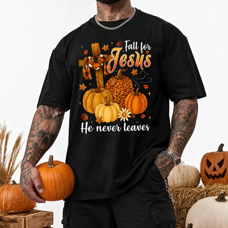 Men's Christian "Fall for Jesus" Graphic T-Shirt, Inspirational Autumn Pumpkin Tee, Religious Faith Top for Church.