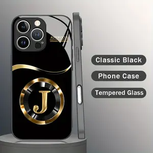 Protective Thick Glass Smartphone Casing with Gold Letter J Pattern - Phone Accessories Bundle Including Screen Protector for iPhone 17,16,15,14,13,12,11 Plus Pro Max