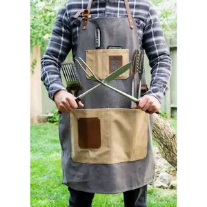 BBQ Butler Genuine Leather & Canvas Apron, Charcoal Grey