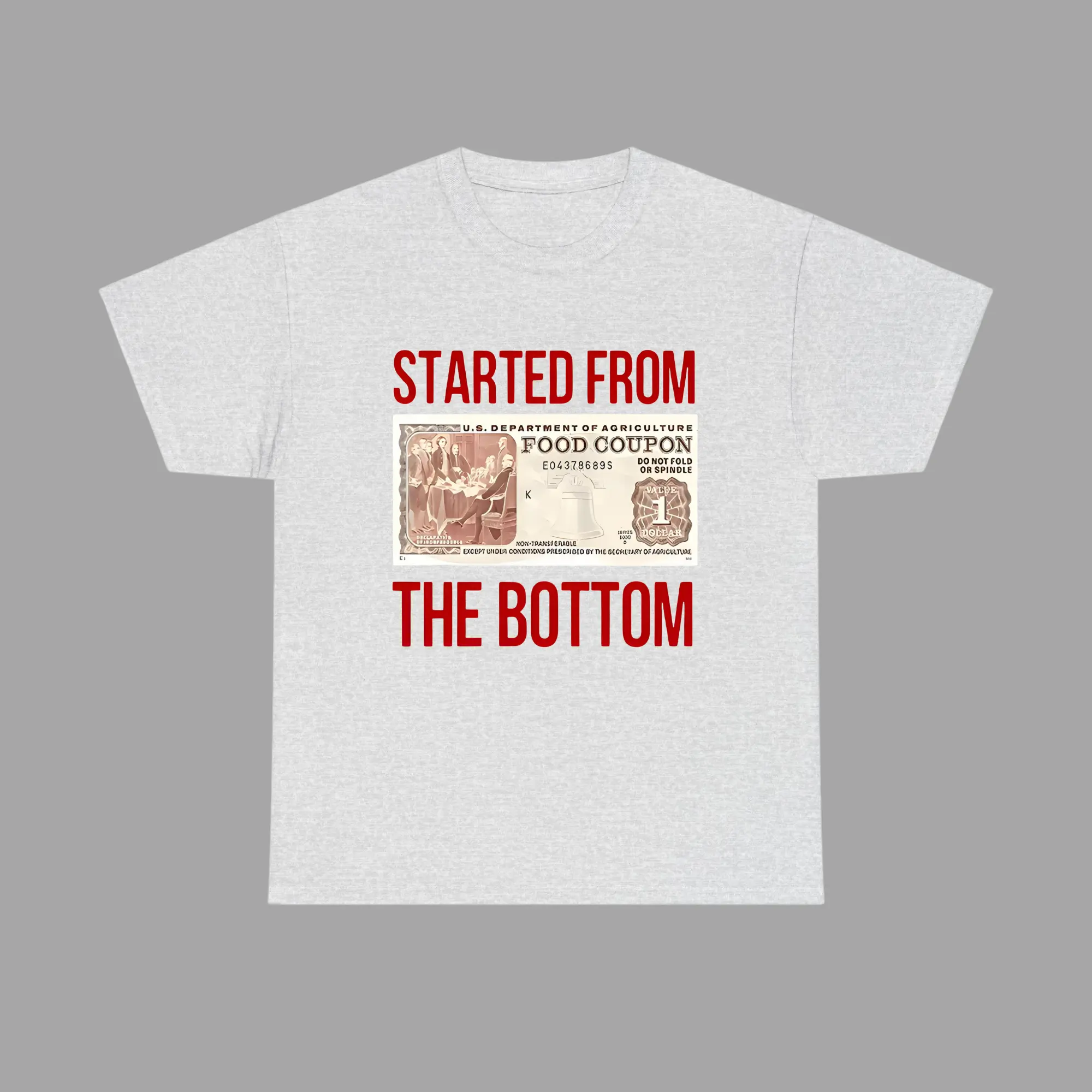 Started From The Bottom Graphic Tee – Black T-Shirt with Food Coupon Print, Trendy Streetwear, Casual Shirt for Men
