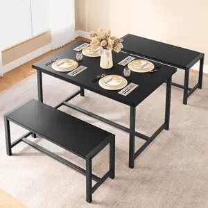 44.4'' Farmhouse Dining Table Set for 4, Kitchen Table Set with 2 Benches, Space-Saving Dinette, 3 Piece Industrial Breakfast Table Set for Small Space, Apartment