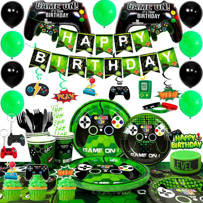 Video Game Birthday Party Decorations for Boys,194pcs Birthday Decorations&Tableware Set-Plates Cups Napkins Tablecloth Balloons