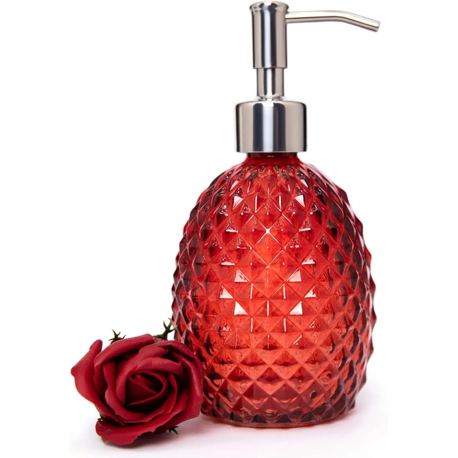 Glass Soap Dispenser with Stainless Steel Pump, 12oz Clear Dish Soap/Hand Soap/Laundry Soap/Lotion Dispenser, Refillable Liquid Dispenser for Bathroom Kitchen Shower (Bright red)