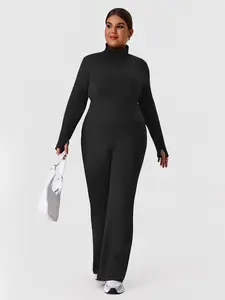 Women's Plus Size Casual High Neck Zipper Sportswear Set, Long Sleeve Thumb Hole Jacket Two-Piece, High Waist Elastic Bell Bottoms