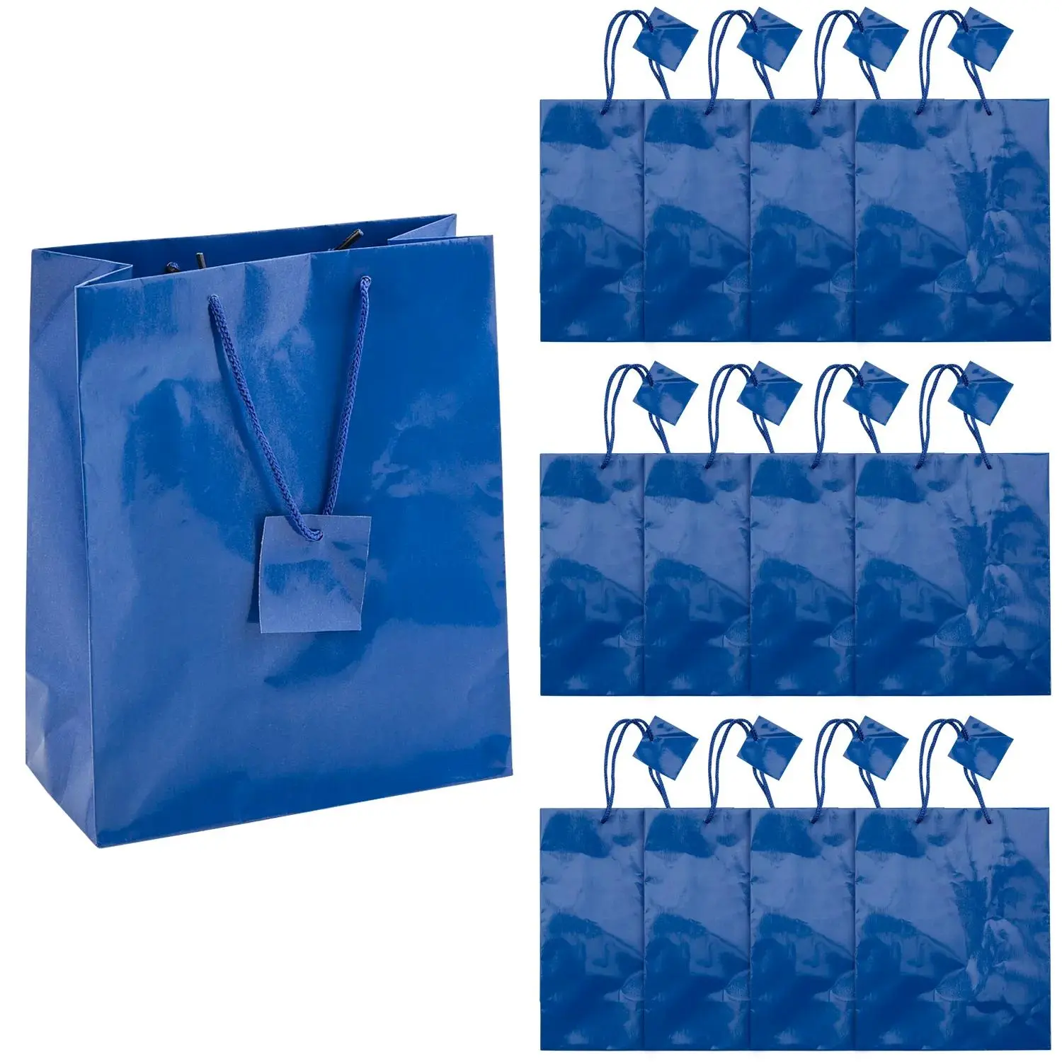 7 1/4" x 9" Medium Royal Blue Paper Gift Bags with Tag - 12 Pc.