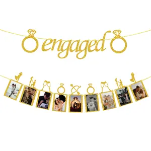 Engagement Wedding Decorations, Gold Engaged Banner & Photo Banner with Picture Card Frames for Wedding, Anniversary, Valentine's Day