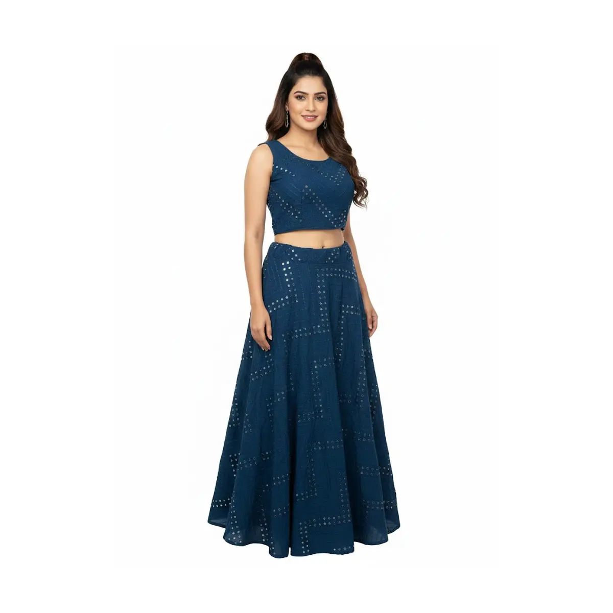 #K57 Teal Blue Mirror-Work Two-Piece Set (Top(Unstitched sleeves attached) + Skirt/lehenga)