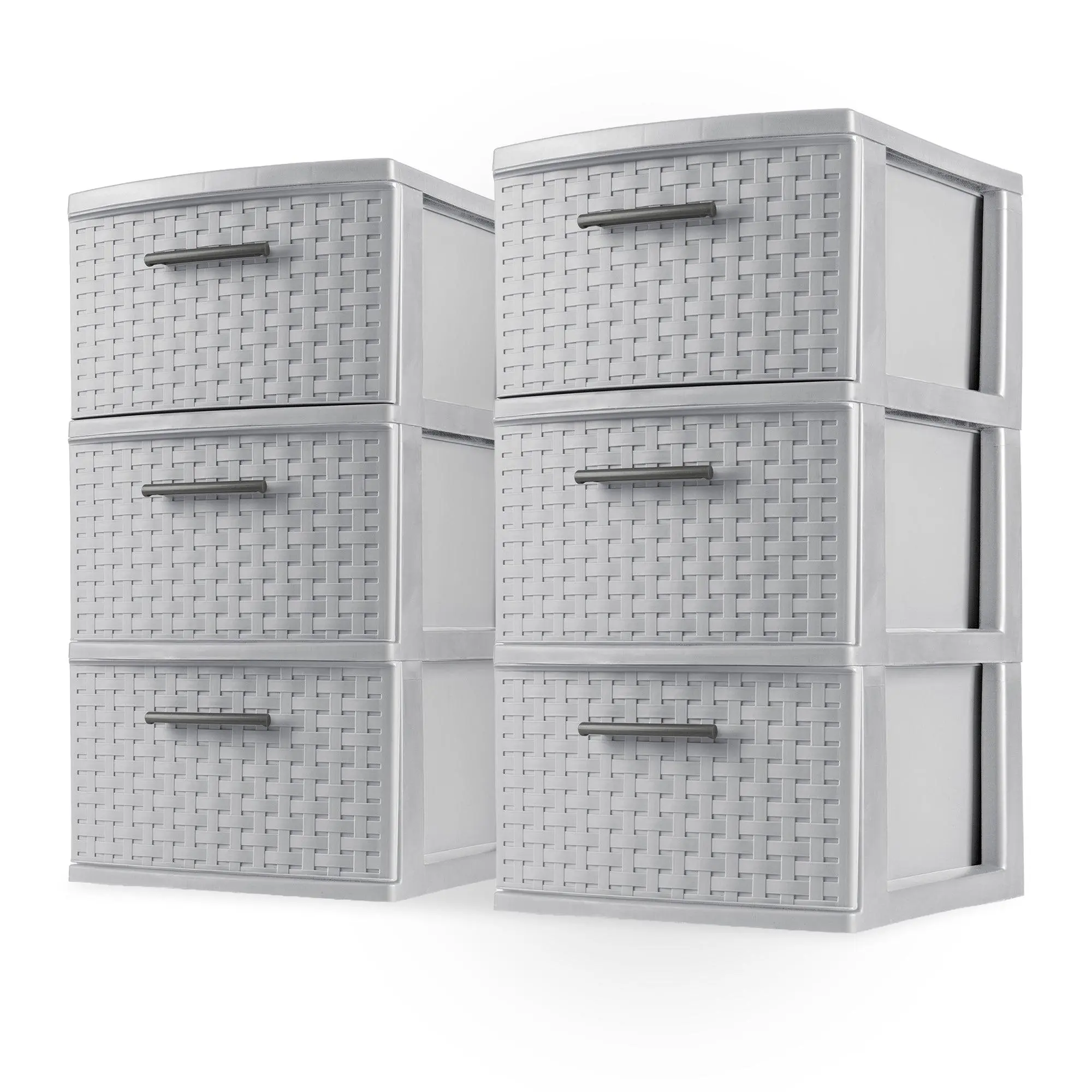 Sterilite 3 Drawer Storage Tower, Plastic Weave Medium Organizer, Cement, 2 Pack