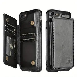 A Solid Color Wallet Case Featuring a Double Button Side Sticker, Card Slot, RFID Blocking, Kickstand, And Magnetic Flip, Made from PU Artificial Leather, Designed for Various for iphone Models Including17 Pro Max/16/15/14/13/12/11