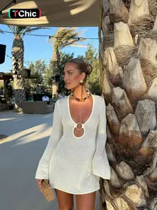 Elegant Vacation Style V Neck Hollow Out Knit Dress, Slim Fit Long Sleeve a Line Skirt, Plain Design for Women