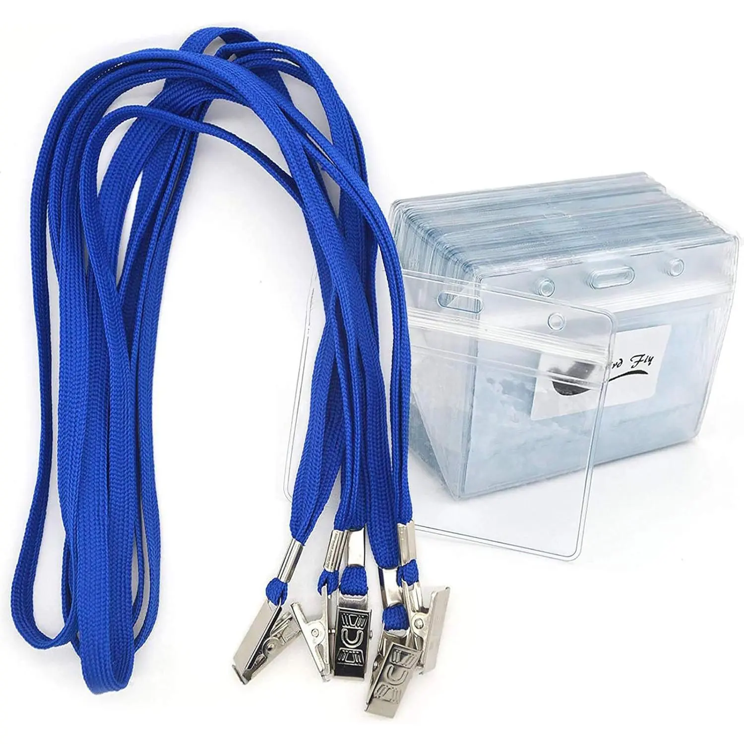 Lanyards with Id Holder Name Badges 50 Pack Clear Plastic Name Tag Badge Id Card and 50 Pack Blue Lanyard