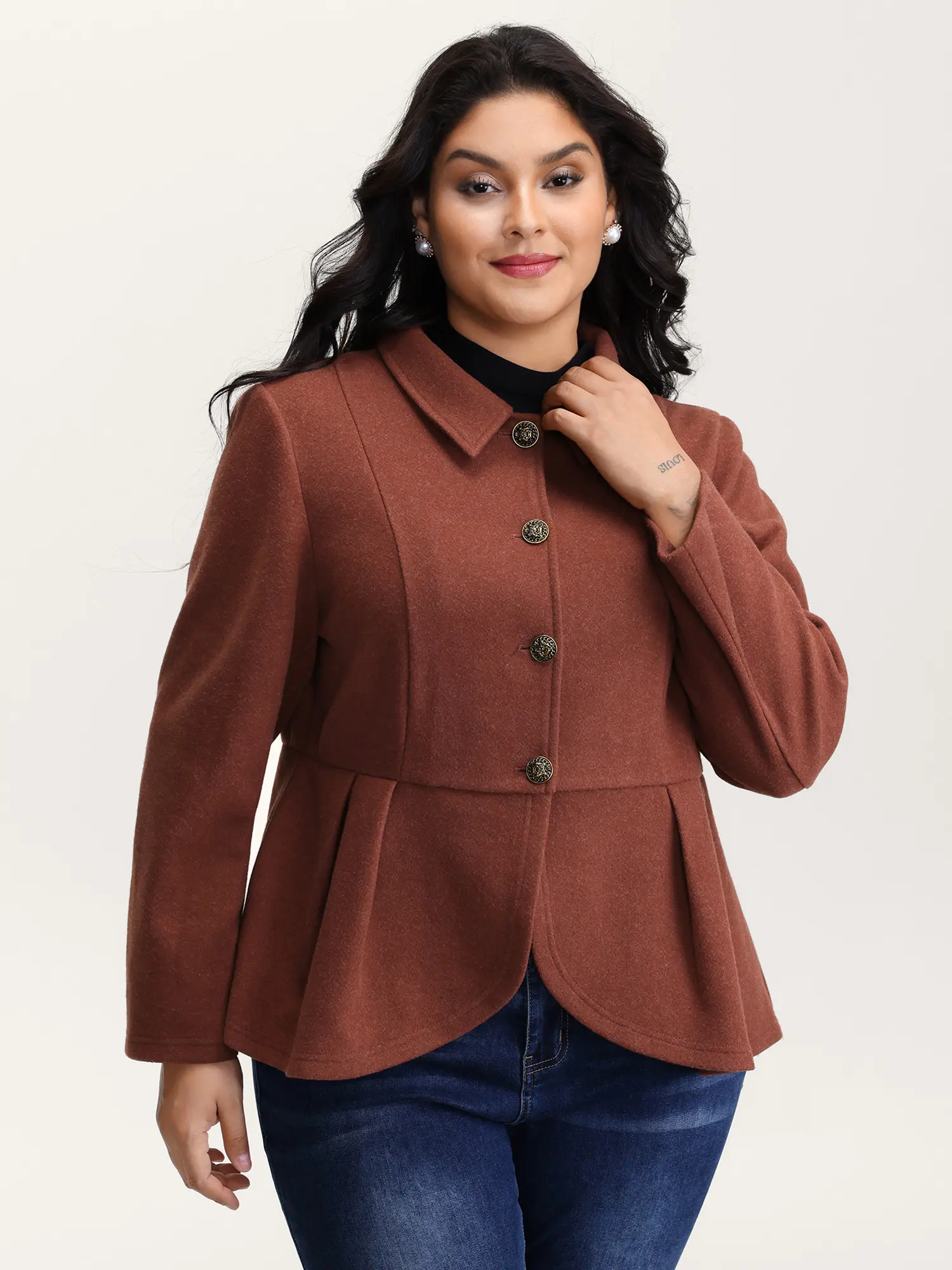 BLOOMCHIC Women's Plus Size Russet Pleated Curvy Hem Button Blazer Jacket - M-6X Long Sleeve Rayon Polyester Garment, No-Belt 2026 Summer Fitted Casual Suit, Do Not Tumble Dry