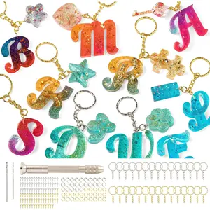 Mocoosy 182Pcs Reversed Alphabet Resin Molds Silicone Kit, Fancy Letter Molds Epoxy Resin Casting Molds Resin Keychain Making Set with 1 Hand Drill 2 Drill Bits 30 Key Rings 100 Screw Pins