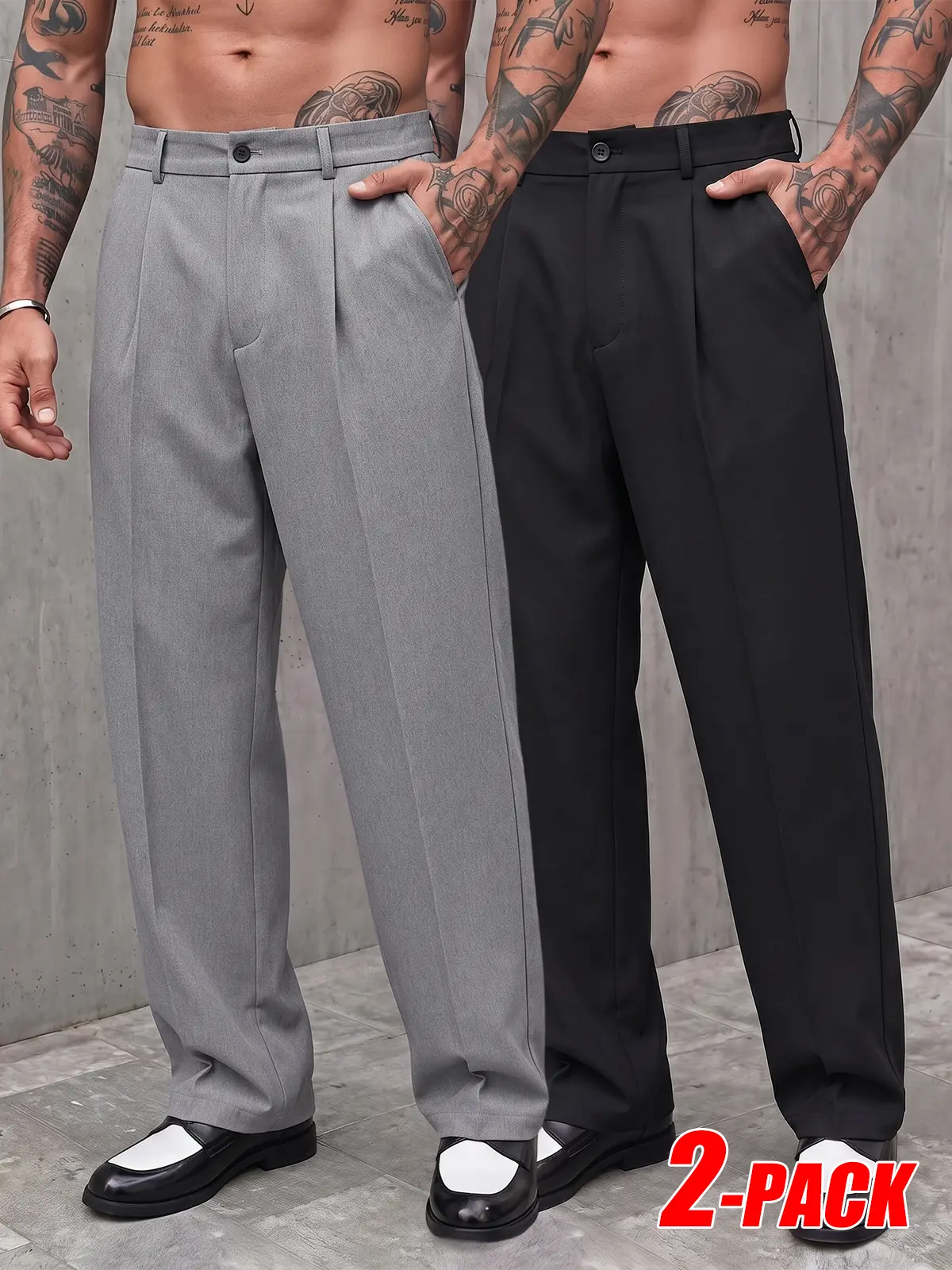 2-PACK Minimalist Solid Wrinkle Resist Straight Cropped Slacks, Premium High Drape Breathable Fabric, Two Tone Color Matching, Clean Fit Minimal Urban Business Casual Cropped Pants Value Set