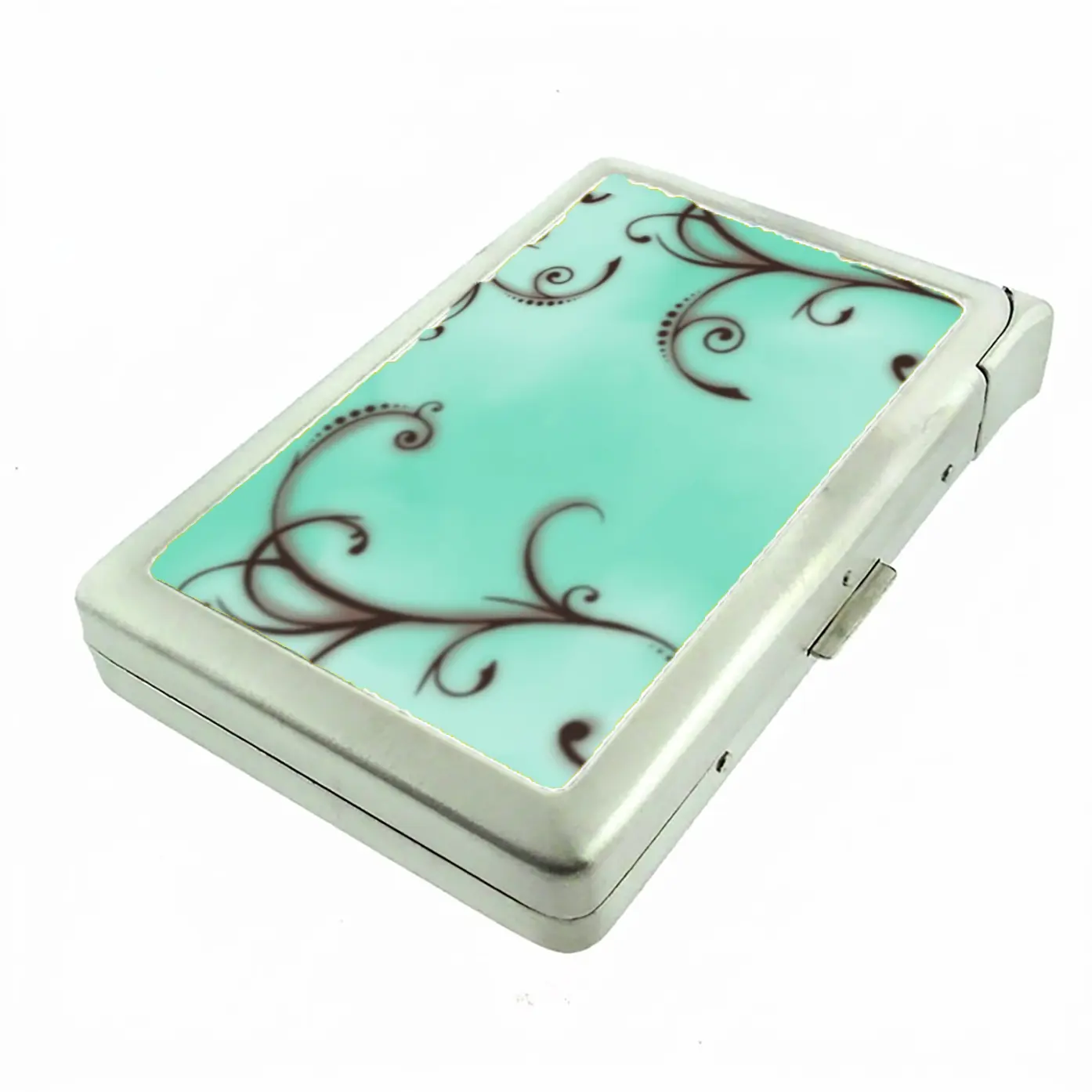 100'S SIZED Aqua Spiral Metal Case Wallet with Built in Lighter