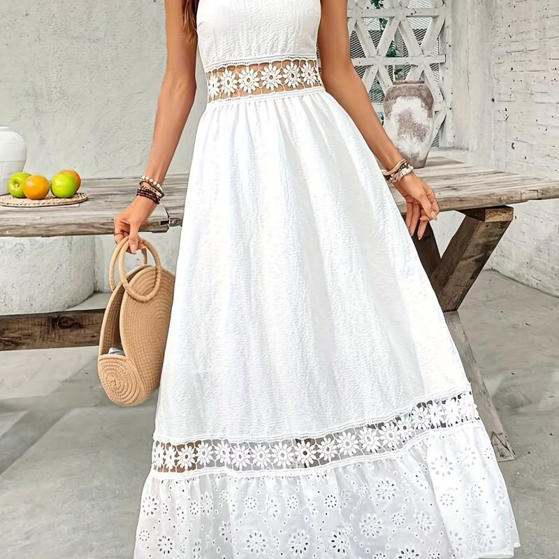 White Embroidered Maxi Dress with Belted Waist for Women