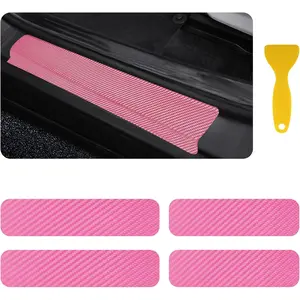 4PCS Car Door Sill Protector with Scraper,Carbon Fiber Car Door Protector Edge Guards for Front Rear Door Sills,Universal Anti-Scratch Car Door Threshold Strips (Pink)