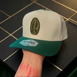 KAMEL Brand White & Green Snapback Hat with Embroidered Virgin Mary Design for Men