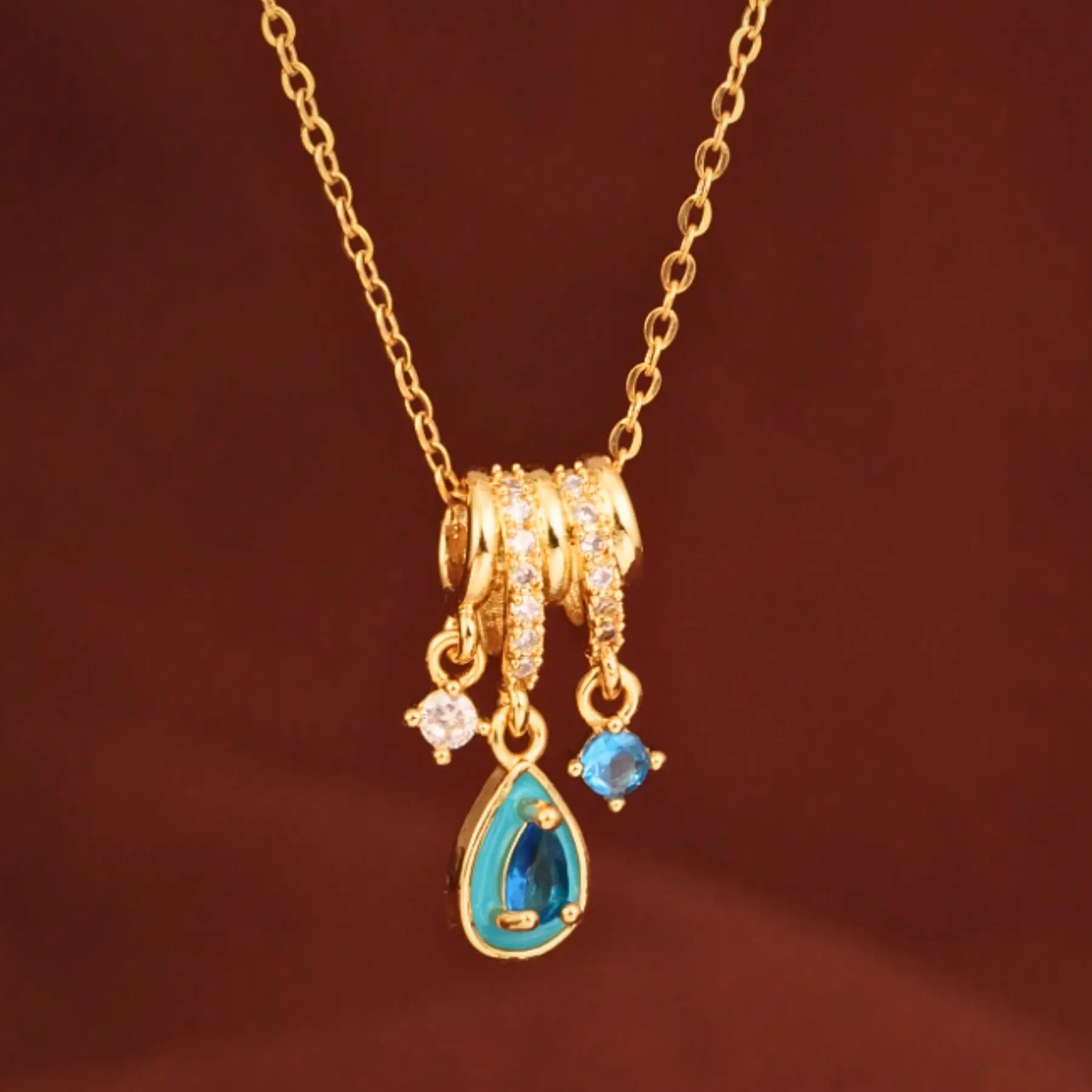 Luxury Aurora Blue Waterdrop Necklace 18K Gold Micro Diamond Gift for Women