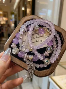 Bohemian Style 4-Pack Evil Eye Cross Bracelet Set for Women, Elastic Crystal and Glass Beaded Bracelets with Hamsa Hand Charm, Cross Beads Bracelet, Blessing and Protection, Suitable for Daily Wear and Special Occasions