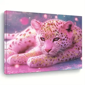 A Pink Leopard Canvas Painting with Gold Spots, Wooden Frame - Vivid Wildlife Art, Suitable for Office, Classroom Decoration, Depicting a Blue-Eyed Leopard with Sparkling Details, Office Decoration|Vivid Animal Print|Sparkling details, leopard decoration