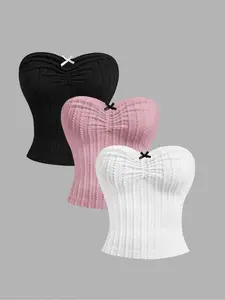 Women's Fashion Bow Front Knit Top Set, Three-Piece Sweater, Stylish Casual Wear for Spring & Fall, Comfortable and Trendy