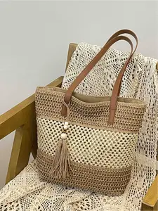 Large Capacity Colorblock Woven Tote Bag with Fringe, Stylish Shoulder Bag, Versatile and Elegant Design, Perfect for Everyday Use