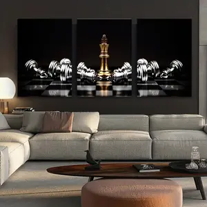 3pcs with frame -Golden king chess master fallen pieces Theme Canvas Wall Art Framed Painting Clearance Sale, 2D Flat, Suitable for Halloween, Christmas, Winter and Summer, Luxury Indoor Decoration for Him/Her, Bedroom, Living Room, Bathroom