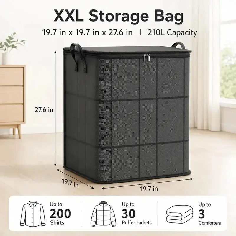 180L Large Fabric Canister Storage Boxes - Multi Purpose Collapsible Organizational Zipper Storage with Reinforced Handles, Multifunctional Home Organizer Solution for Clothing, Blankets