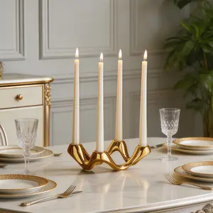 Four-Hole Golden Candle Holder, Ideal for Dining Table, Living Room, Office Desk, Study, Versatile Decorative Piece, Home Decor