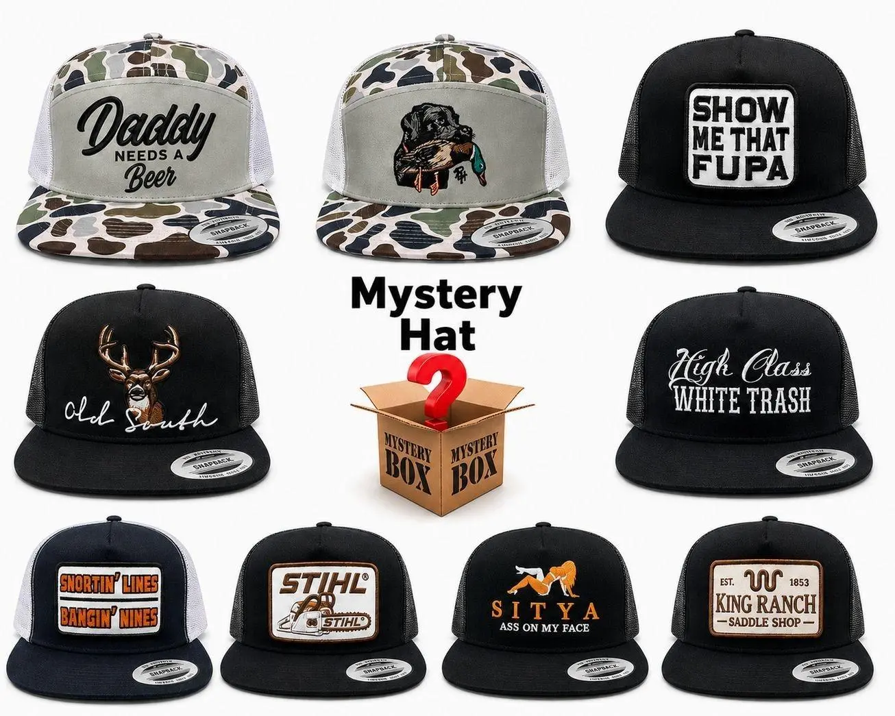 Mystery Trucker Hat Box, Random 1 Hat Embroidered Snapback Cap, Surprise Hat for Men, Funny Hunting Outdoor Style, Unique Gift for Dad & Him