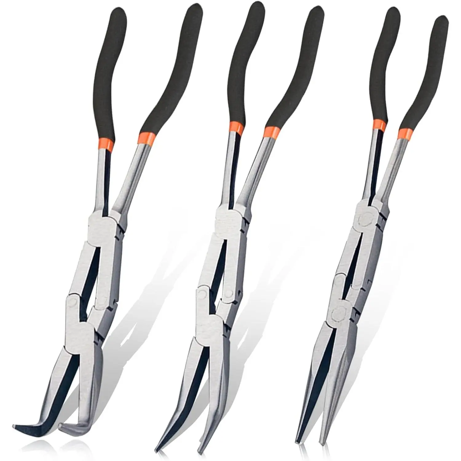 13” Double Jointed Long Needle Nose Pliers Set with Straight, 45°and 90° Bent Tips - Professional Thin-Nosed Enhanced Long Reach Pliers Suitable for Working in Narrow and Sharp Angles