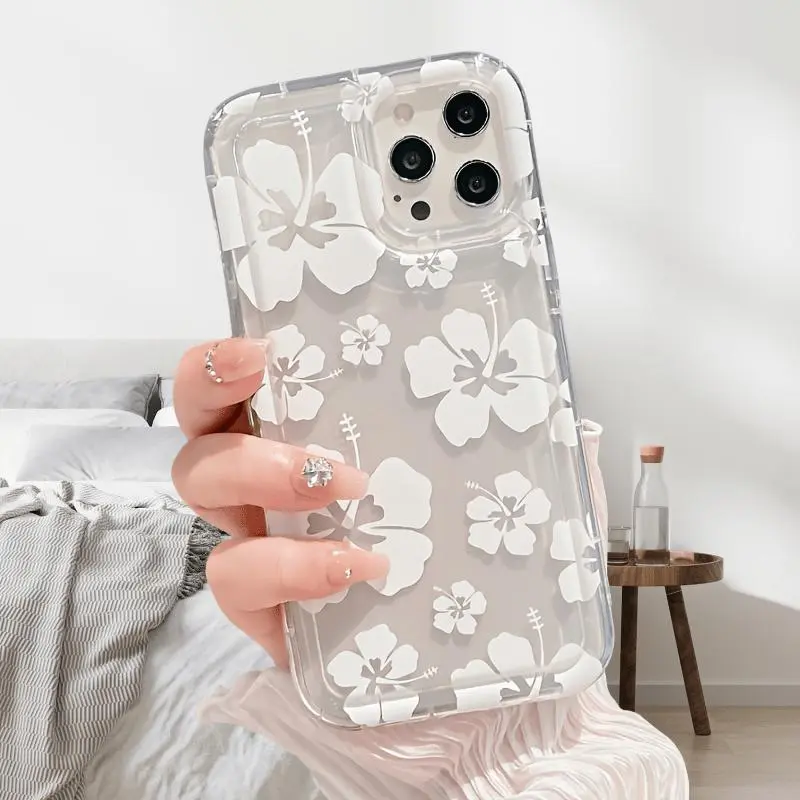 Transparent Full-Screen Soft Silicone-Plastic-Metal Cellphone Casing - Protective Cover with White Flower Petals for iPhone 17,16,16 Plus,15,14,13,12,11,XS,XR,X,7,8,12/13 Mini,Pro,Max,SE - Mobile Accessories for Birthday,Valentine's Day Gifts