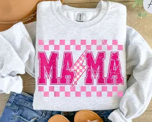 Mama Lightning Bolt Sweatshirt, Checkered Mama Sweater, Mom Life, Retro Mama Sweater Cotton Fabric