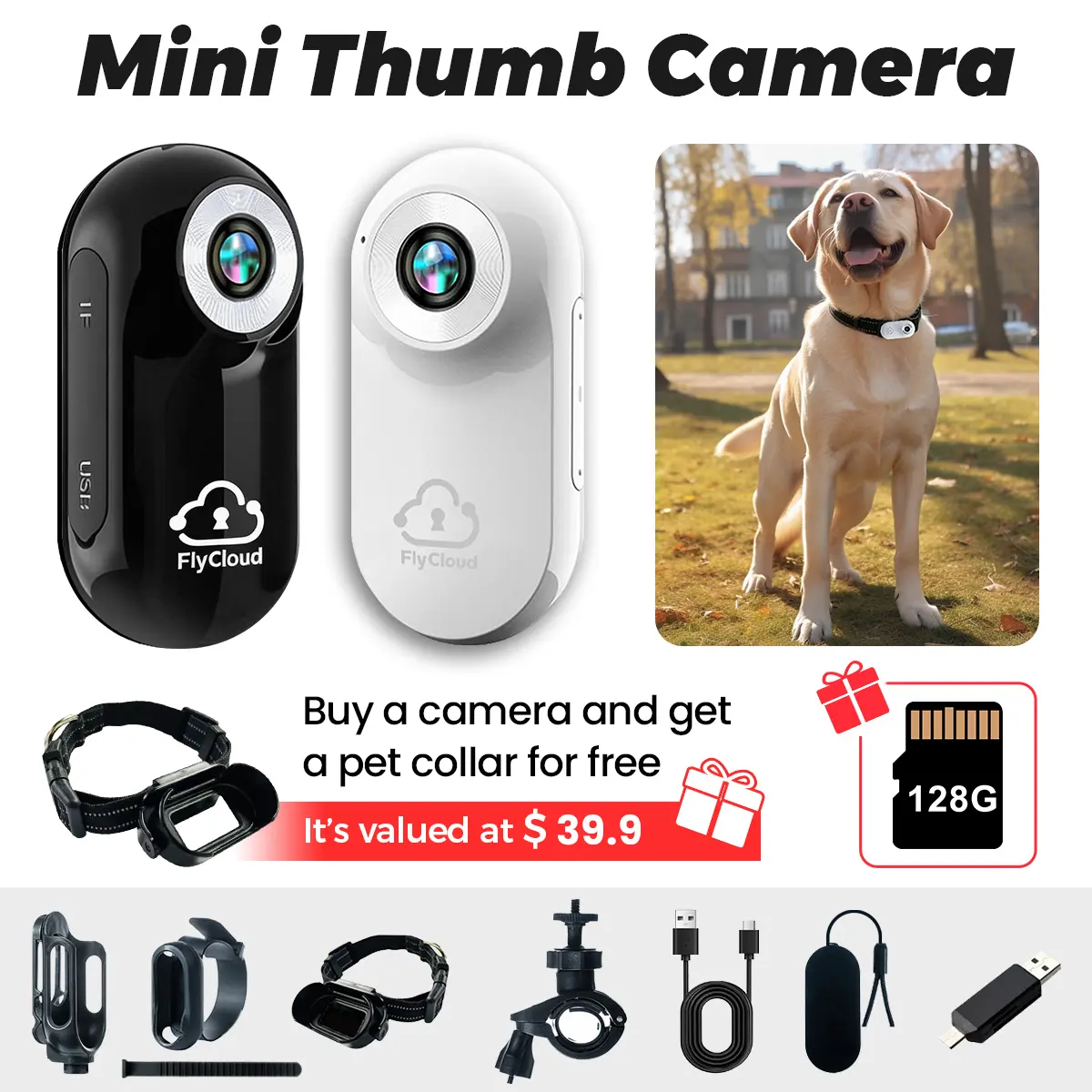 Flycloud A100 Mini Thumb Camera Complete Kit with 128GB Mini TF Card - hd 1080p, Long Battery Life for Outdoor Sports, Daily Life Recording