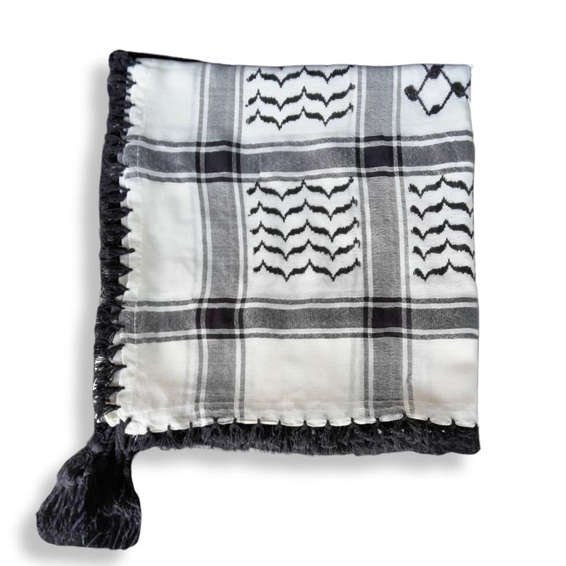 Cotton Woven Classic Keffiyeh/Kuffiyeh Black and White Traditional Original Patterns Palestine Scarf Shemagh