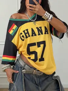 Women's Ghana 'ghana 57' Soccer Jersey, & Print Y2K Streetwear Tee, Loose-Fitting, Breathable Athletic Top, V Neck Jersey