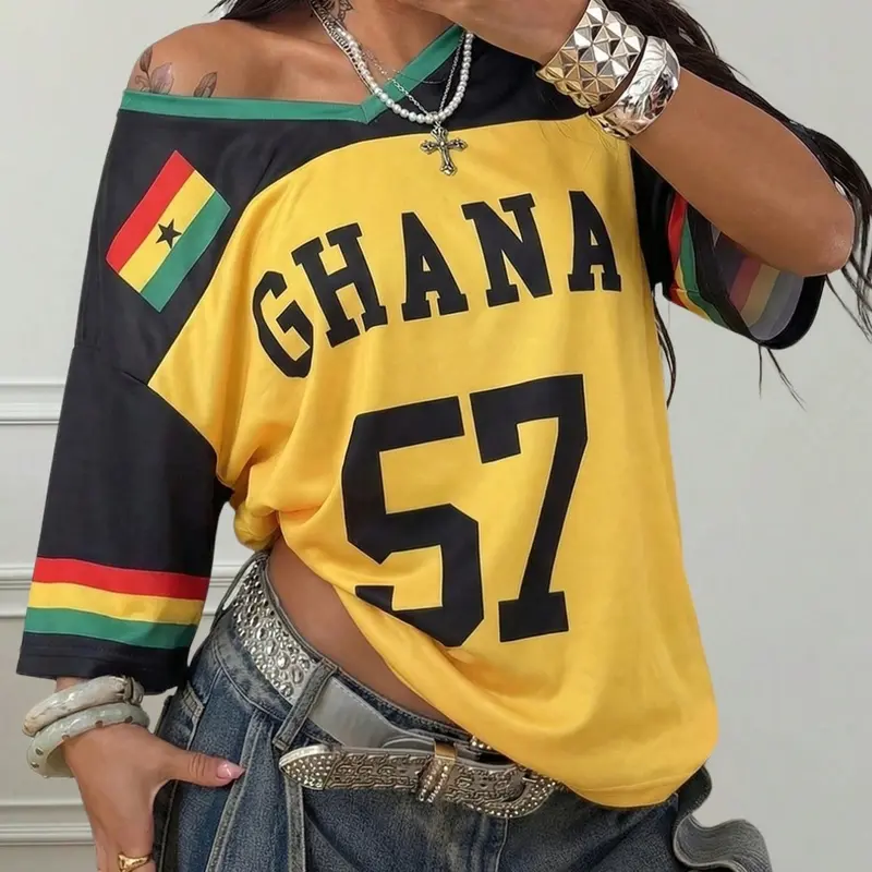 Women's Ghana 'ghana 57' Soccer Jersey, & Print Y2K Streetwear Tee, Loose-Fitting, Breathable Athletic Top, V Neck Jersey, Breathable Workout Tops, Sportswear Clothing