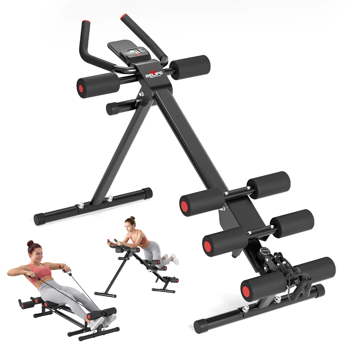 [Summerwins]5-in-1 Adjustable Ab Trainer and Rowing Machine, Foldable Home Gym Equipment with LCD Monitor, Full-Body Workout for Core, Arms, Legs and Back, 440LB Weight Capacity