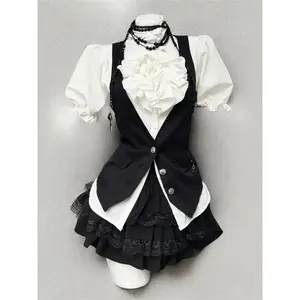 Harajuku Gothic Retro Chic Outfit Women Bubble Sleeve Shirt + Slim Vest + Short Cake Skirt New Vintage Fashion 3 Piece Suit 2025 Clothes Womenswear