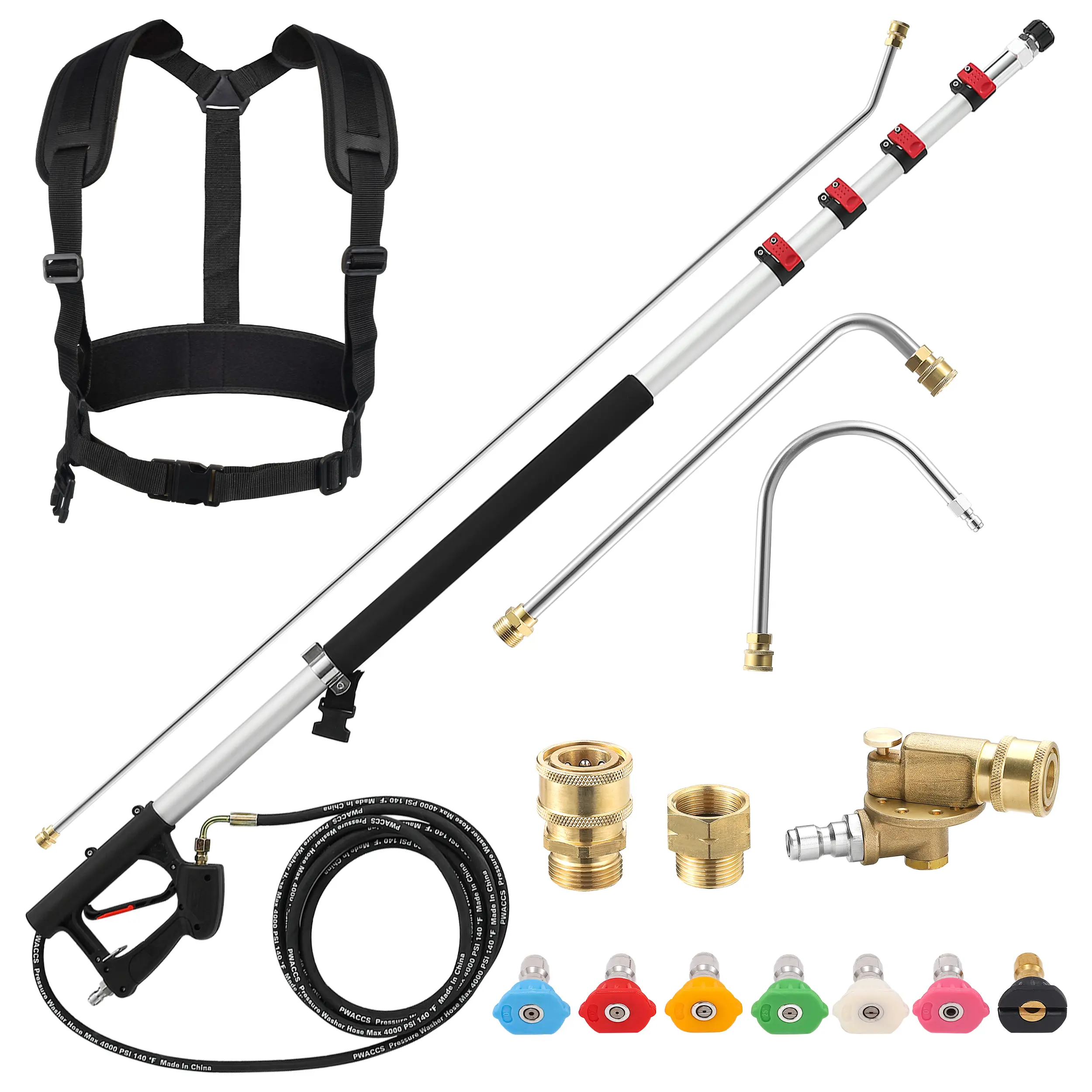 PWACCS 24 FT Telescoping Pressure Washer Wand, Telescopic Spray Wand with Power Washer Extension Wands, Gutter Cleaner Attachment Kit with 7 Nozzle Tips, 2 Adapters, Pivoting Coupler and Support Belt