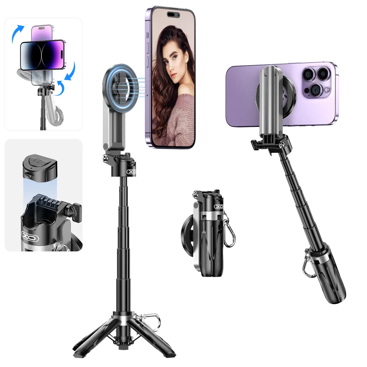 4 in 1 Multi-functional Magnetic Selfie Stick, Mini size, Foldable Storage, Magnetic Phone holder, Phone Triangle Holder, Camera Grip, Vlog Live Photo