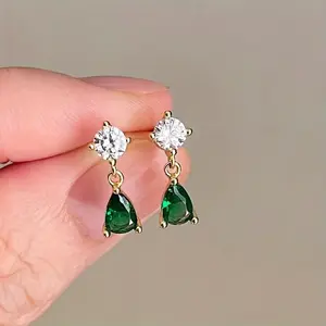 Elegant Green Zirconia Teardrop Earrings with Sparkling Cubic Zirconia, Chic Copper Dangle Studs for Women, Perfect for Weddings & Parties, Gift for Her
