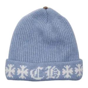 Chrome Hearts Unisex 1-Size Knitted Hat - Cuffed Beanie with CH Cross Logo Print, Light Blue White Cashmere Material