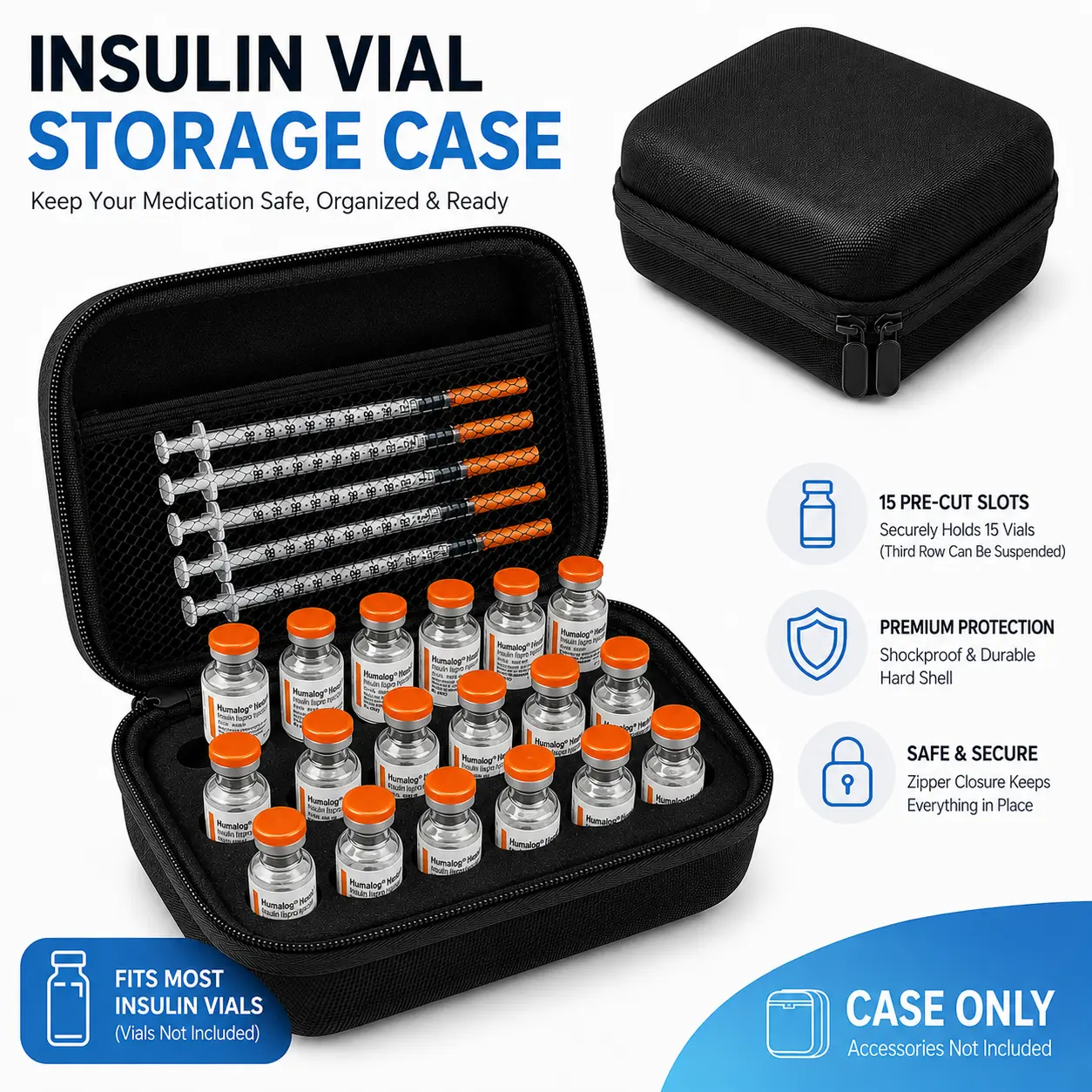 15-Slot Rectangular Zippered Peptides Storage Box - EVA Hard Shell Sealable Zip Pouch, Portable Home Organizer, Fits Standard 10mL Vials, Fridge-Use Vial Storage Solution, Peptides Storage Boxes, Sealable Storage Boxes