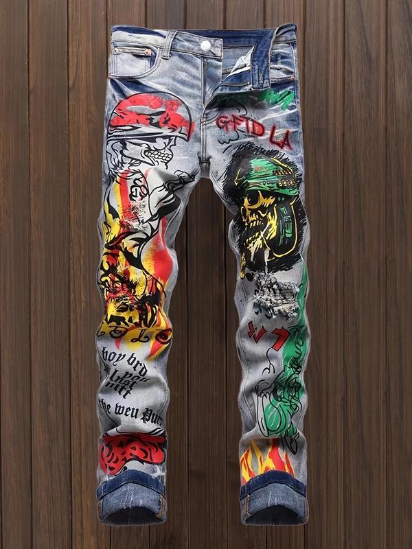 Men's Graffiti Print Denim Jeans, Regular Fit Fashion Casual Comfy Straight Leg Jeans for Daily Wear, Men's Bottoms for All Seasons, Graphic Pants