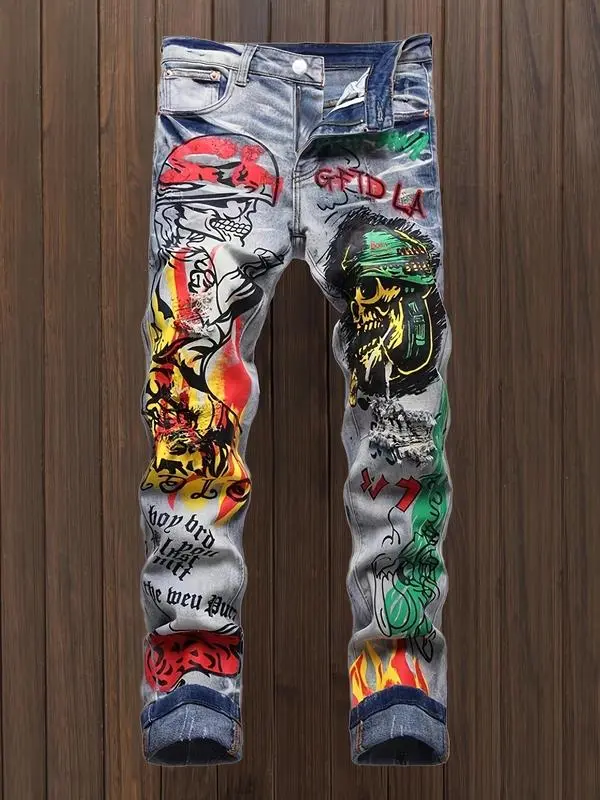 Men's Graffiti Print Denim Jeans, Regular Fit Fashion Casual Comfy Straight Leg Jeans for Daily Wear, Men's Bottoms for All Seasons, Graphic Pants