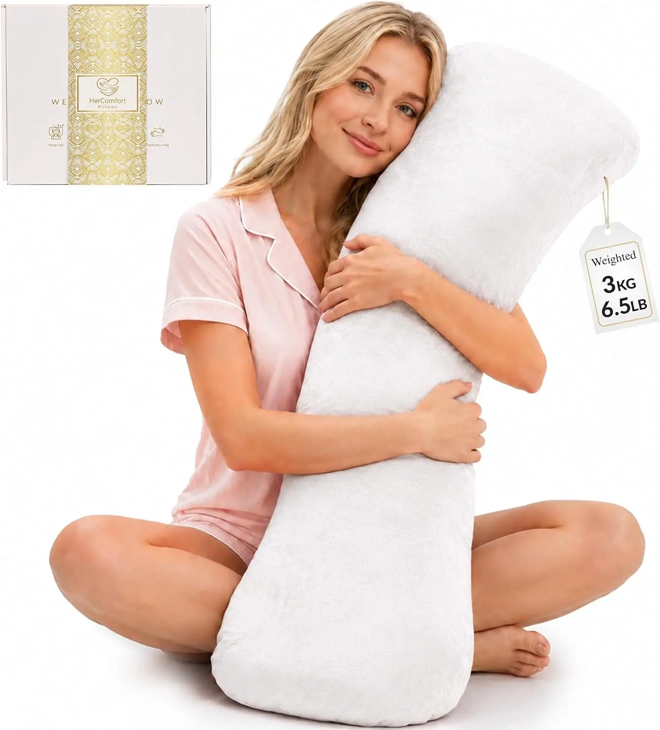 Weighted Pillow for Adults 6.5lbs | 41" x 12" | Sleep Better & Feel Calm | Weighted Body Pillow for Stress Relief | Sleeping Hugging Pillows for Side Sleeping | Ideal Gift for Women